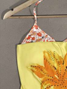 Tween Girl Vacation Casual Floral Print Patchwork Halter Neck Top - Orange - View 7