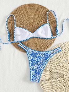 Swim Mod Summer New Arrival European And American Sweet Blue Floral Contrast Color Tie-Side Halter Two Pieces Bikini Set, Sexy Backless Triangle Swimsuit, Suitable For Beach, Holiday, Party - Blue - View 2