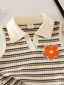 Elladie kids 2件套女童夏季新款杏色纹理针织面料领口花朵装饰背心上衣和牛仔裙裤荷叶边刺绣花朵套装 - 杏色 - 查看 3