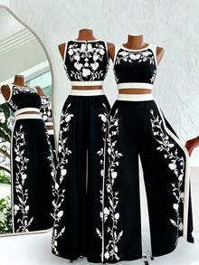 Franclia 2pcs/Set Women's Summer Floral Print Camisole Top And Wide Leg Pants, Loose Fit, Suitable For Commuting, Daily Wear, Elegant Style Ladies Summer Holiday Clothes Two Piece Outfits For Ladies Travel Resort Vacation Outfits Women Outfit For Beach For Women Boat Cruise Outfit Women Two Piece Dresses For Women - Black - View 1
