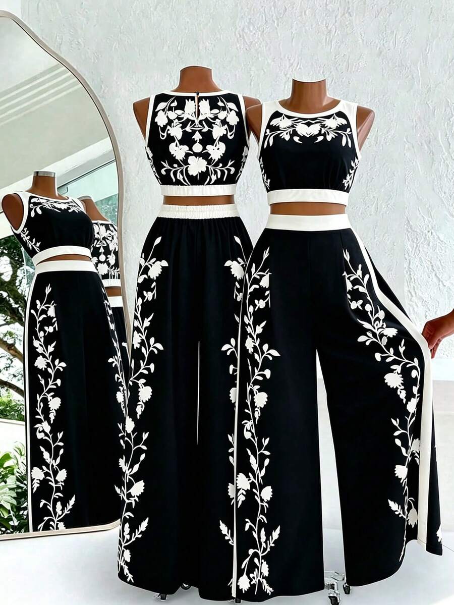 Franclia 2pcs/Set Women's Summer Floral Print Camisole Top And Wide Leg Pants, Loose Fit, Suitable For Commuting, Daily Wear, Elegant Style Ladies Summer Holiday Clothes Two Piece Outfits For Ladies Travel Resort Vacation Outfits Women Outfit For Beach For Women Boat Cruise Outfit Women Two Piece Dresses For Women - Black - View 1