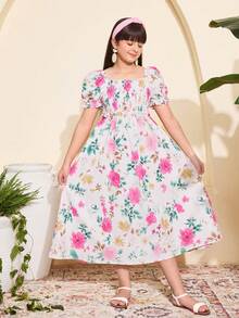 SHEIN Đầm maxi tay phồng in hoa, thắt eo, dành cho bé gái tuổi teen, ngọt ngào và thanh lịch, thích hợp cho kỳ nghỉ và mặc thường ngày, mùa xuân/hè. - Nhiều màu - Xem 5