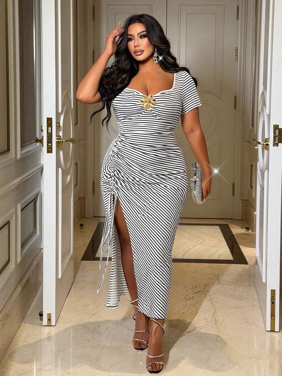 Elenzga Plus Size Women's New Elegant Casual Vacation Daily Black & White Striped Metal Flower Decor Slit Drawstring Short Sleeve Dress, Spring/Summer Ruched Dresses Dresses For Women Slit Dresses Striped Dresses Plus Size Striped Dress Womens Curve Dress Plus Size Zebra Print Dress Zebra Print For Women 2026 Hot Selling Style - Black and White - View 1