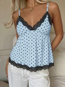 CovetEZ Women's Casual Cute Sexy Chest Ruched Babydoll Lace Patchwork Bodycon Tank Top, Suitable For Daily Wear,Summer Top Night Out Blue Polka Dot - Multicolor - View 5