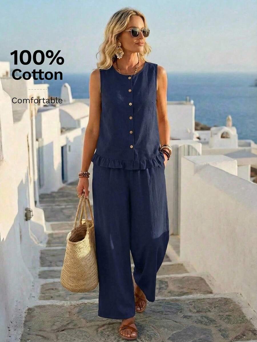 EMERY ROSE Bộ vest và quần dài màu trơn cài nút dành cho nữ, bộ đồ thường ngày thanh lịch, trang phục công sở cho nữ, quần và áo mùa hè, bộ đồ phối hợp mùa hè cho nữ, bộ đồ 2 mảnh mùa hè, bộ quần palazzo màu xanh navy cho nữ, bộ đồ hai mảnh thoải mái cho nữ, trang phục mùa hè cho nữ, trang phục vải lanh cho nữ, bộ đồ thường ngày cho nữ, trang phục mùa hè cho nữ. - Màu xanh hải quân - Xem 1