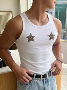 Manfinity Dauomo Áo ba lỗ không tay in hình ngôi sao và da báo dành cho nam - trắng - Xem 5