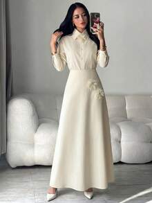 Mulvari Elegant Women's Off-White Woven Fabric Long Sleeve Blouse And Long Skirt Two-Piece Outfit With 3D Rose Flower Embellishments Teachers' Day Office - Apricot - View 7