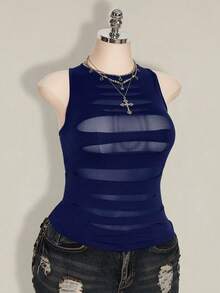 SHEIN ICON Blusa casual versátil de uso diario con parches de malla transparente para mujer de talla grande - Azul Marino - Ver 9