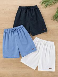 SHEIN 3件套儿童/青少年男童休闲日常舒适贴布装饰直筒宽松短裤，3种不同款式 - 藏蓝色 - 查看 3