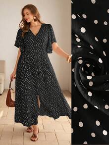 Roveilla 大码女式浪漫波点V领可调节腰部纽扣装饰下摆开衩泡泡袖长连衣裙，优雅法式复古正式办公通勤休闲度假下午茶街头简约百搭，春夏新款 - 黑色 - 查看 1