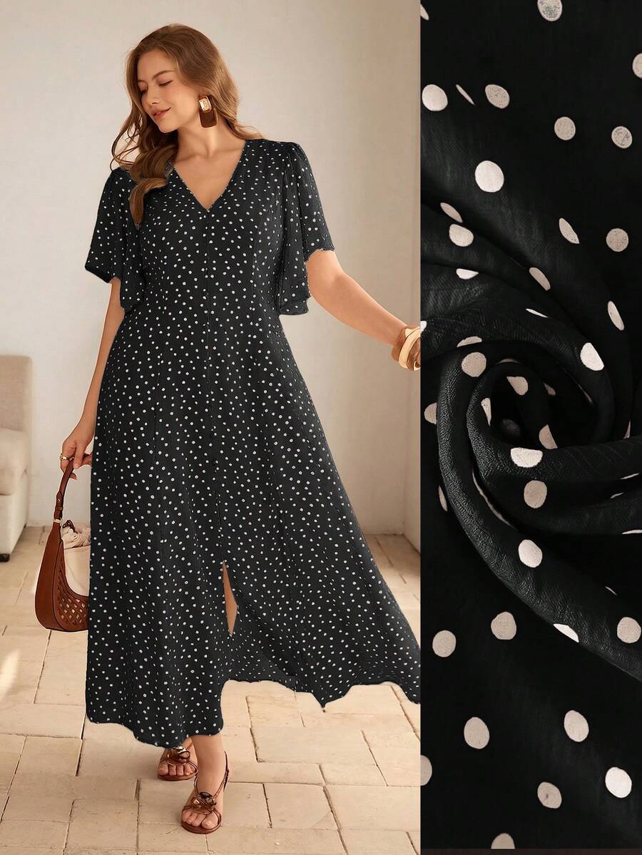 Roveilla 大码女式浪漫波点V领可调节腰部纽扣装饰下摆开衩泡泡袖长连衣裙，优雅法式复古正式办公通勤休闲度假下午茶街头简约百搭，春夏新款 - 黑色 - 查看 1