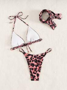 Swim SXY Bộ bikini hở lưng họa tiết da báo mới dành cho nữ, thời trang và gợi cảm cho kỳ nghỉ biển, mùa xuân/hè. - màu nâu - Xem 2