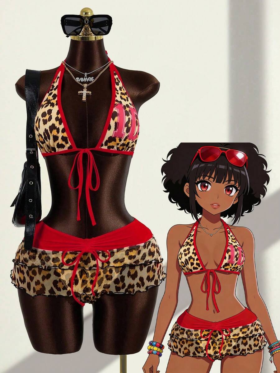 Zestiva Conjunto de traje de baño de 3 piezas para mujer con estampado de leopardo, que incluye top con atar, Bottom triangular y minifalda con cordón de color contrastante - Rojo - Ver 1