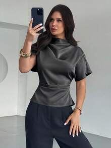 Firerie Wrinkled Collar Asymmetrical Sleeve Side Ruched Cinched Waist Commuter Apricot Bamboo Fiber Linen Blouse For Women, All Season,Summer Top - Dark Grey - View 5