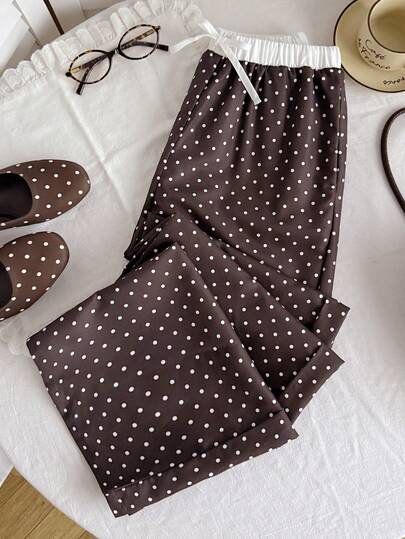 SHEIN 青少年女孩休闲舒适宽松波点图案长款运动裤