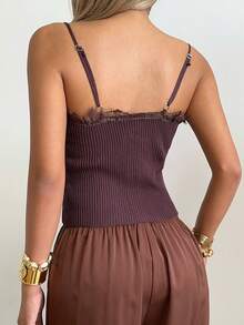 SHEIN EZwear Áo dệt kim hai dây buộc phía trước phối ren tương phản dành cho nữ, thích hợp cho kỳ nghỉ hè. - Cà phê nâu - Xem 2