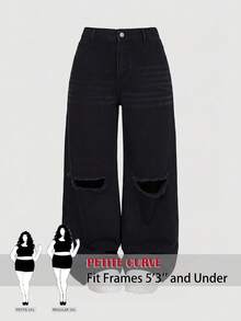 SHEIN PETITE CURVE 大码女装夏季黑色牛仔裤返校季可爱2000年代风格卡哇伊Y2K机场穿搭女装低调老钱图卢姆颓废韩版水洗阔腿棕色牛仔裤宽松牛仔裤阔腿牛仔裤 - 黑色 - 查看 2