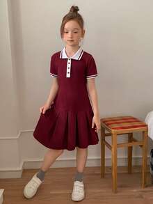 Dazy Kids 青少年女孩夏季休閒條紋拼接百褶下擺短袖洋裝 日系太陽裙 - 酒紅色 - 查看 1