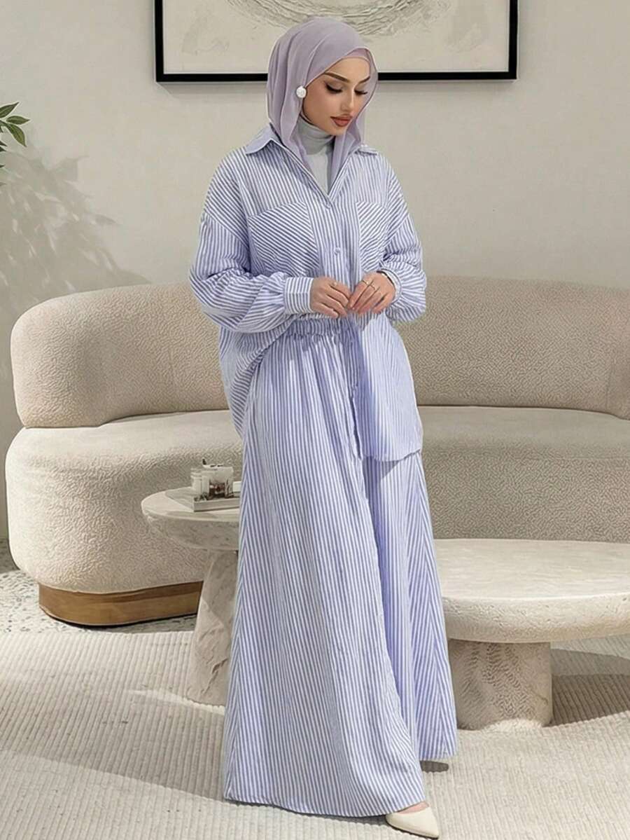 Solavon 女士条纹单排扣长袖上衣和半裙休闲两件套 - 彩色 - 查看 1