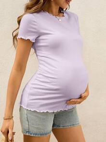 SHEIN Maternity Summer White Ribbed Lettuce-Edge Form-Fitting Short Sleeve Top - Mauve Purple - View 7