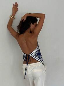 Aloruh Áo kiểu yếm cổ yếm bằng chiffon in họa tiết tie-dye thanh lịch dành cho nữ, thích hợp cho kỳ nghỉ biển. - Màu xanh hải quân - Xem 2