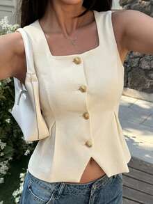 DAZY Chaqueta fina sin mangas de unicolor y textura elegante para mujer, de verano - Beis - Ver 7