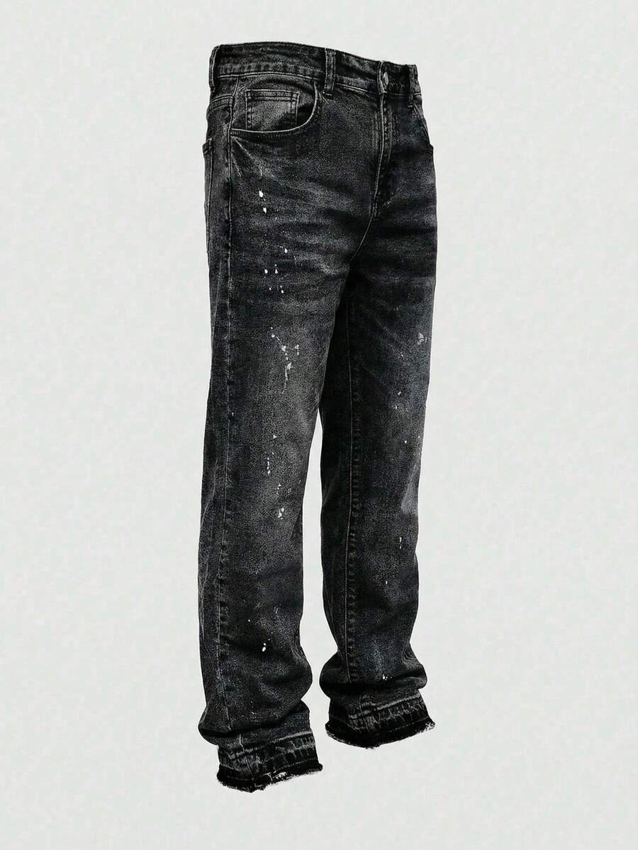SHEIN Bolty Teen Boy Fashion Casual Y2k Vintage Cool Street Lacquer Dots Black Denim Stretch Tight Slightly Flared Jeans For Teen Boy Clothes Teen Boy Dailywear And Teen Boy Winter And Fall Rave Outfits Festival And Outfits Streetwear Clothes - Black - View 1