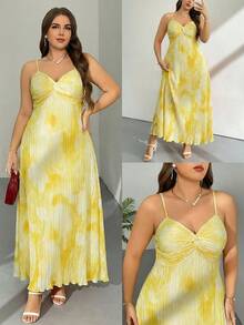 Firerie Women's Plus Size White Summer Elegant Vacation Holiday Beach Spaghetti Strap Twist Front Loose Maxi A-Line Pleated Tie Dye Floral Print Dress - Yellow - View 8