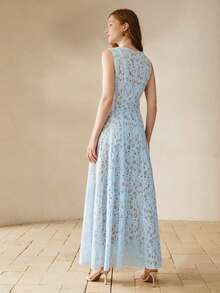 MOTF PREMIUM WOMEN'S LACE PANEL DESIGN ROUND NECK SLEEVELESS WAIST GATHERED ELEGANT ROMANTIC EVERYDAY DRESS - Baby Blue - View 3