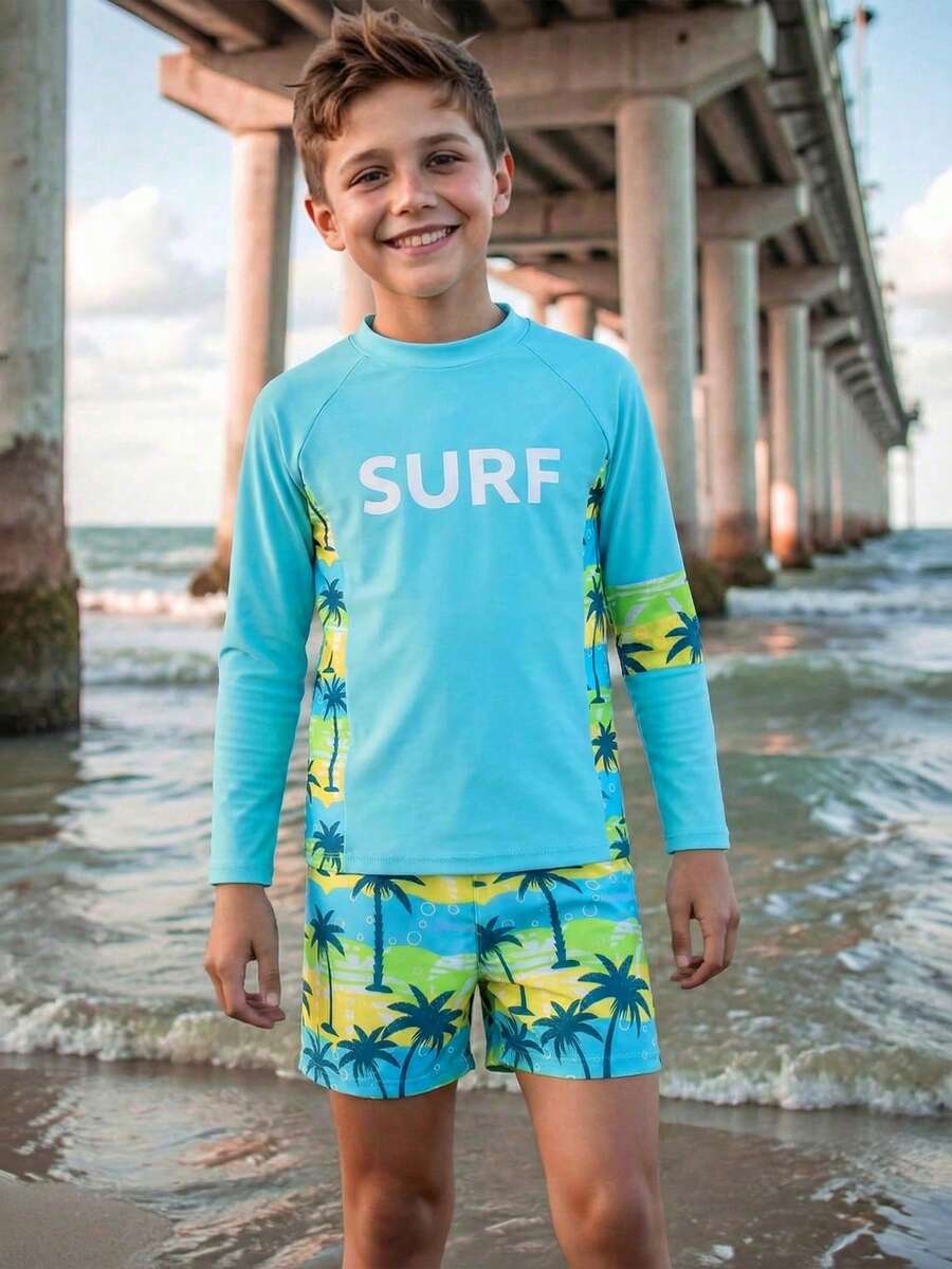 SHEIN Tween Boys' Swimwear, Blue Palm Tree Print Long Sleeve Tankini Set, Casual Vacation Swimsuit, Suitable For Swimming, Summer Beach, Pool, Vacation, Party Rash Guard For Boys Swim Wear For Kids Beach Wear For Kids Kids Surf Set Boys Swim Set