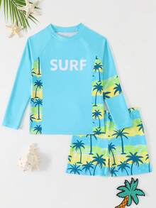 SHEIN Tween Boys' Swimwear, Blue Palm Tree Print Long Sleeve Tankini Set, Casual Vacation Swimsuit, Suitable For Swimming, Summer Beach, Pool, Vacation, Party Rash Guard For Boys Swim Wear For Kids Beach Wear For Kids Kids Surf Set Boys Swim Set - Mint Blue - View 4