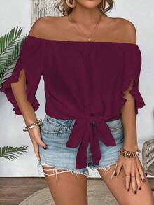 EMERY ROSE Plus Size Women's Vacation Solid Color Off-Shoulder Knotted Waist Fashionable Blouse - Red Violet - View 3