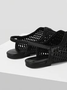 Mnmlis Giày bệt nữ đế bằng dệt rỗng tinh tế, thời trang và thoải mái, mũi vuông thanh lịch. - màu đen - Xem 4