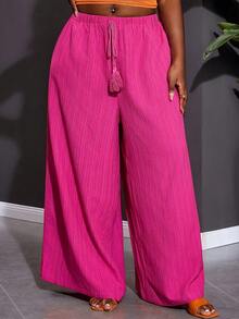 SHEIN CURVE+ Curve 尺码 US22 音乐节、海滨度假、波西米亚风女士宽松黑色阔腿梭织裤，带腰带 - 玫紅色 - 查看 5
