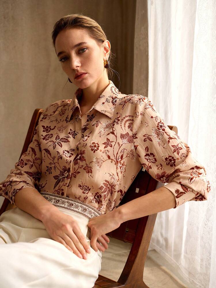 WOMEN'S ROMANTIC FLORAL PRINT LINEN BLEND SHIRT, SPRING/SUMMER