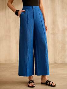 MOTF PREMIUM 女士亚麻舒适阔腿七分裤 - 藍色 - 查看 4