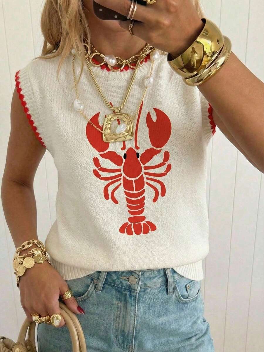 SHEIN EZwear 撞色贝壳龙虾印花针织上衣，适合夏季度假、派对、日常通勤、约会、聚会、秋冬季、圣诞节、新年、感恩节、婚礼、海滩、毕业典礼、时尚、优雅、休闲、外出、约会、预订、通勤、闪亮、情人节、优雅、度假、休闲、Y2K、外出、毕业典礼海滩装扮，女士保守上衣龙虾T恤，女士夏季服装，女士夏季T恤，珊瑚色女士夏季上衣 - 彩色 - 查看 1