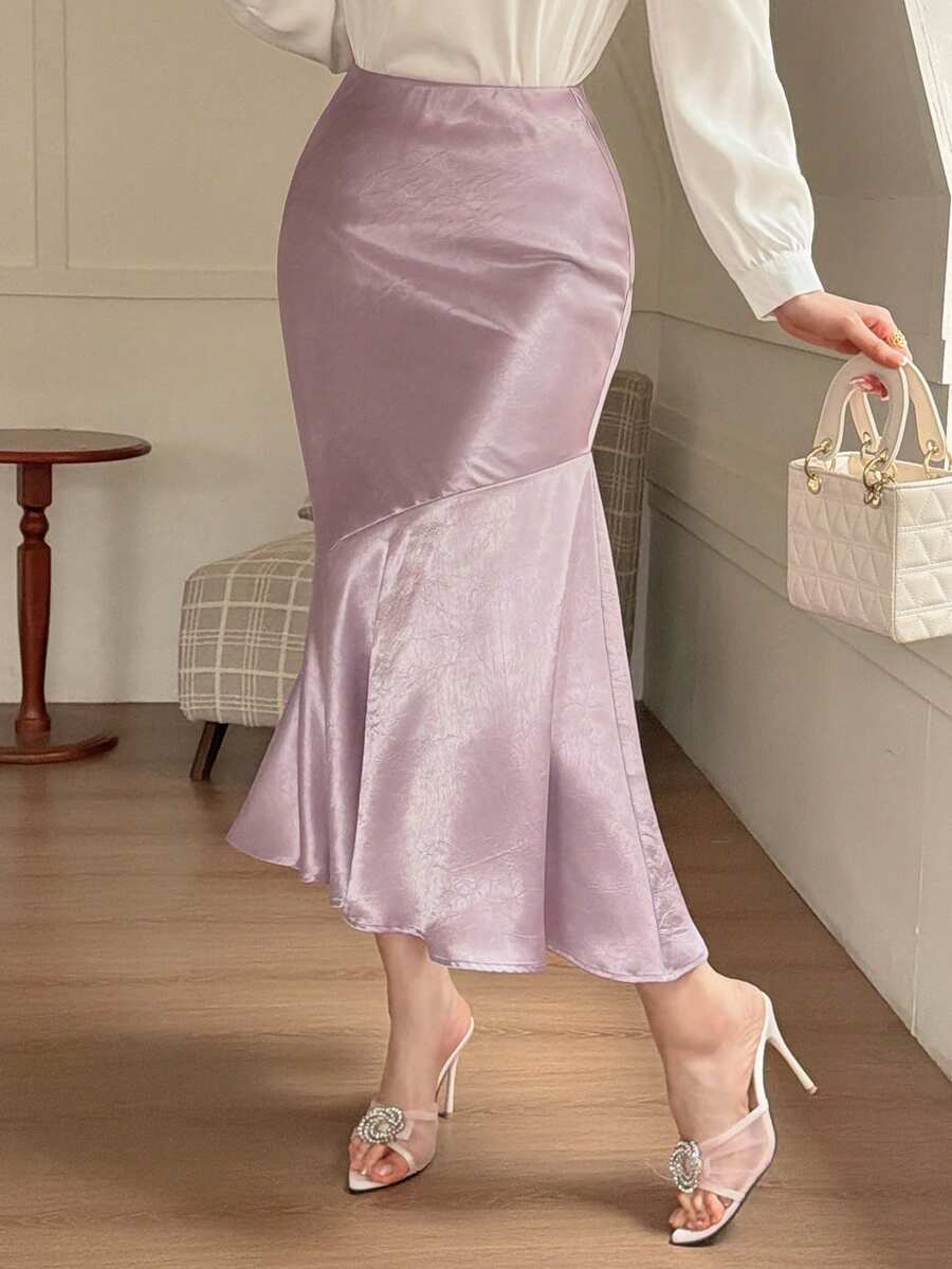 DAZY 女士修身纯色缎面半身裙，春夏款 - 紫色 - 查看 1