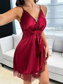 Napfluff Fashionable Faux Silk Lace Twist Waist Design Sexy Deep V-Neck Slip Dress For Women - Burgundy - View 5