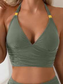 Swim Basics 两件套女士纯色露肩吊带露背上衣和高腰泳裤，配金色配饰，沙滩度假比基尼套装 - 軍綠色 - 查看 4