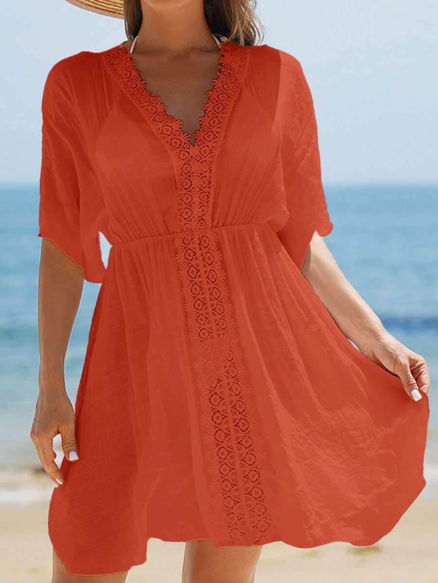 Breezaya Women's Vacation Solid Color Contrast Lace Cover-Up Dress - Orange - View 1