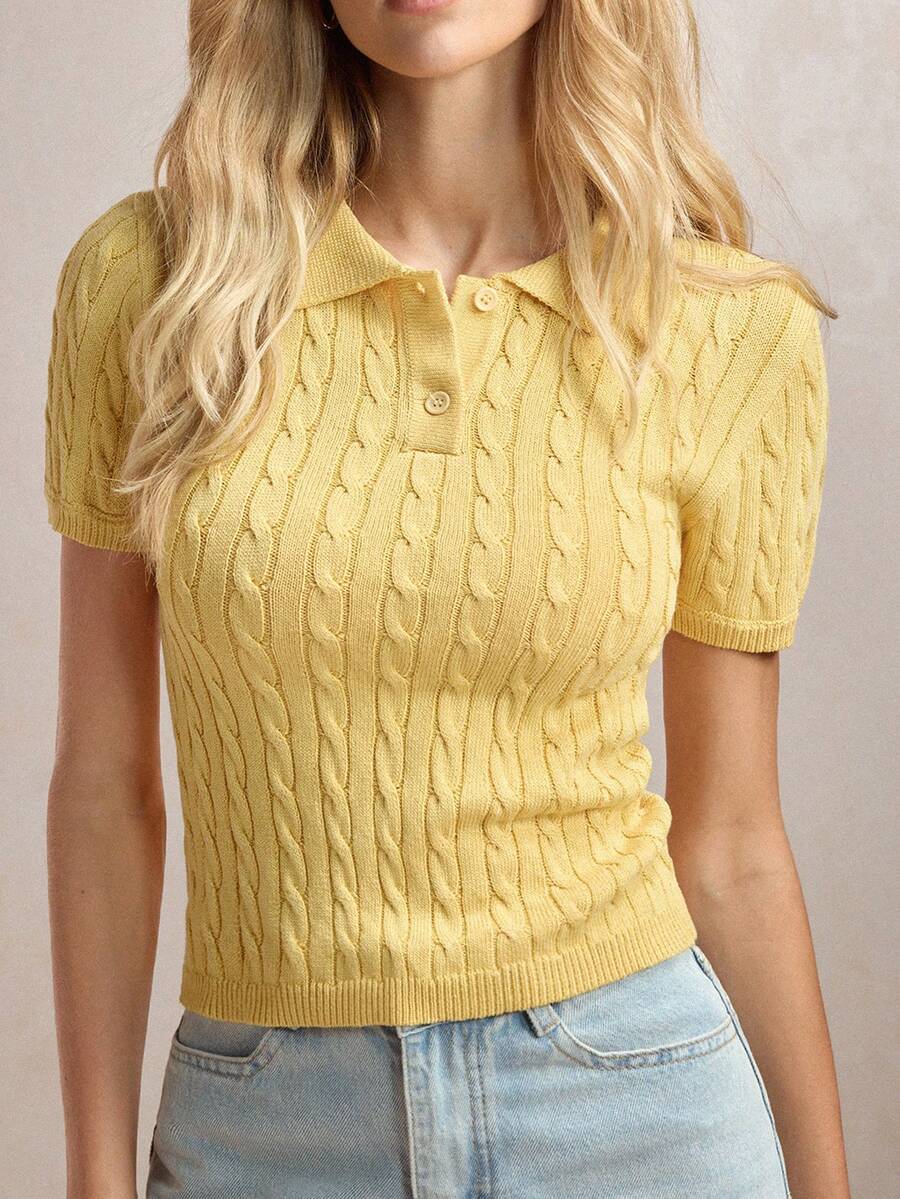 BizChic Áo polo cổ bẻ màu vàng dệt kim cho nữ, đa năng, phù hợp cho công sở, trang trọng, thường ngày, lãng mạn, phong cách Y2K, retro thập niên 90, tiệc tùng, đám cưới, mặc hàng ngày. - Màu vàng - Xem 1