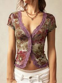 SHEIN BohoFeels Áo nữ dệt kim lưới in họa tiết phối ren tương phản, phong cách thường ngày, thích hợp cho kỳ nghỉ. - Nhiều màu - Xem 7