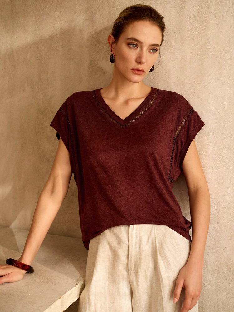 WOMEN'S KNITTED TENCEL LINEN BLEND LACE PATCHWORK T-SHIRT