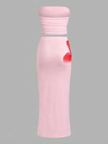 SHEIN Teen Girl Pink Tropical Print Vacation Style Fitted Tube Top & Maxi Skirt 2-Piece Set - Pink - View 2