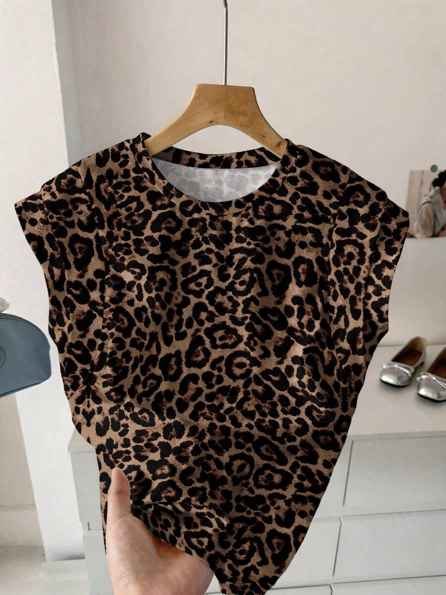 SHEIN LUNE Áo thun nữ hai lớp cổ tròn không tay in họa tiết da báo, kiểu dáng thường ngày, thích hợp cho mùa xuân/hè. - Nhiều màu - Xem 1