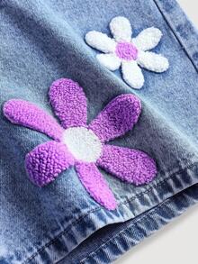 Girlism Teen GirlFloral Embroidered Pattern Blue Denim Loose Wide Leg Shorts - Medium Wash - View 3