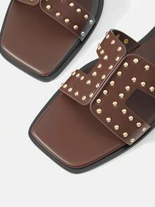 MOTF WOMEN'S SUMMER FASHION STREET CASUAL COMMUTE RIVET DECOR OPEN TOE FLAT SANDALS SPRING SHOES SUMMER SHOES - Coffee Brown - View 4