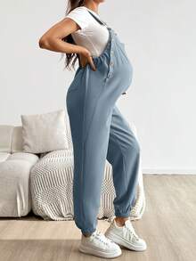 SHEIN Maternity Solid Color Patch Pocket Casual Bib Jumpsuit - Blue - View 3
