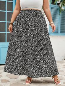 SHEIN CURVE+ Chân váy xòe cạp cao in hoa màu xanh lá cây cỡ lớn CURVE dành cho mùa hè, Curve Plus, Hoho Vacation - Nhiều màu - Xem 7
